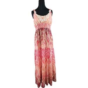 SNAP Women's Maxi Dress Pink Tropical Print Tiered‎ Lace Neck Sleeveless L